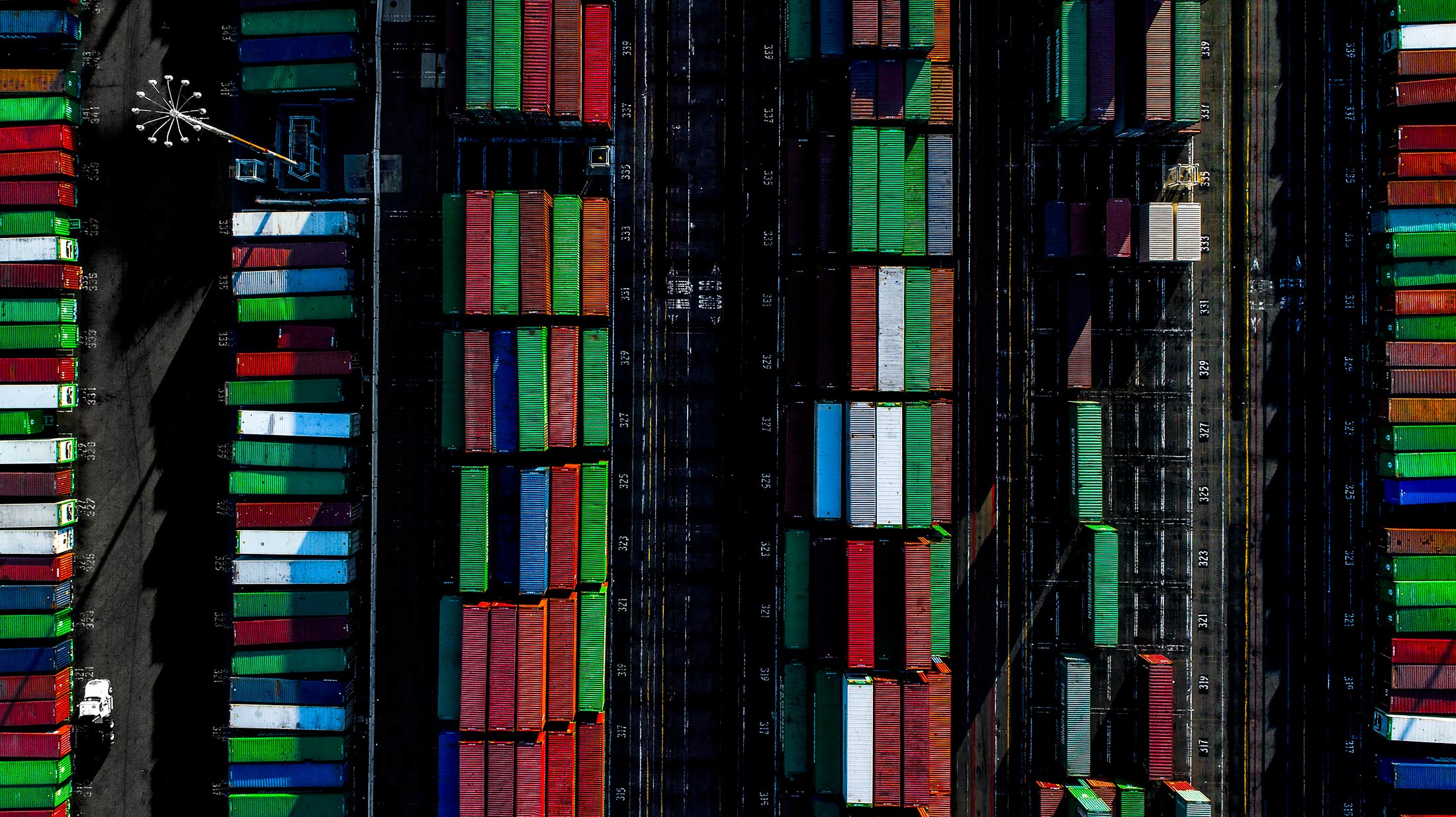 Aerial view of multicolored shipping containers in the Port of Long Beach | Scott Gable industrial photographer
