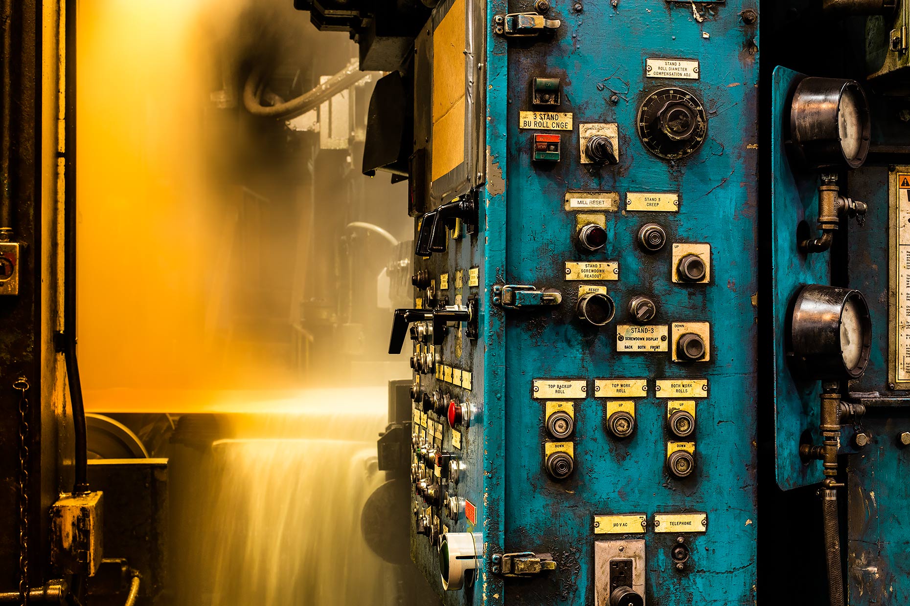 Control panel for hot rolling metal press |  Scott Gable industrial photographer