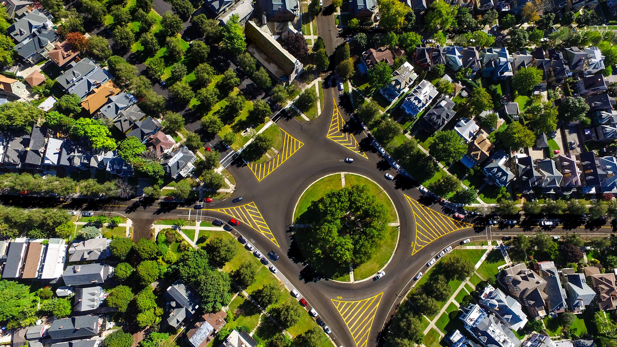 Aerial view of an urban traffic circle and parkways | Scott Gable industrial photographer