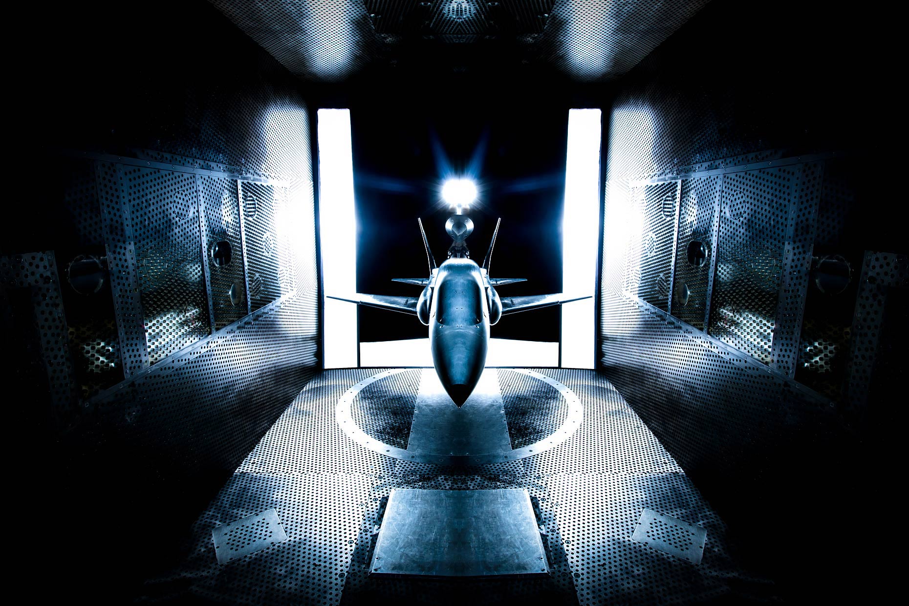 Aircraft model is tested in wind tunnel | Scott Gable industrial photographer