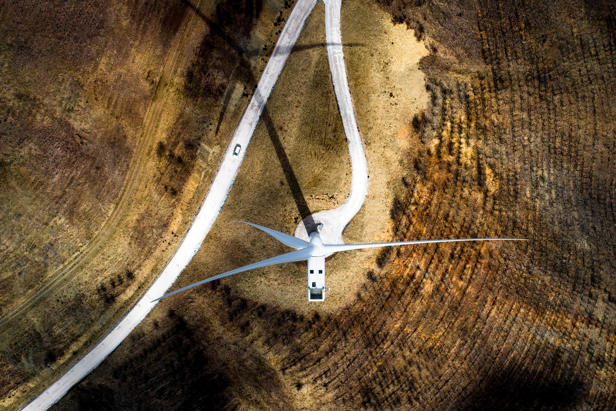 Sixty meter wind turbine from above aerial